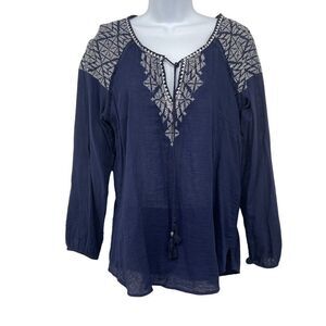 Daniel Rainn Embroidered Long Sleeve Semi Sheer Boho Tassel Top Blouse Blue